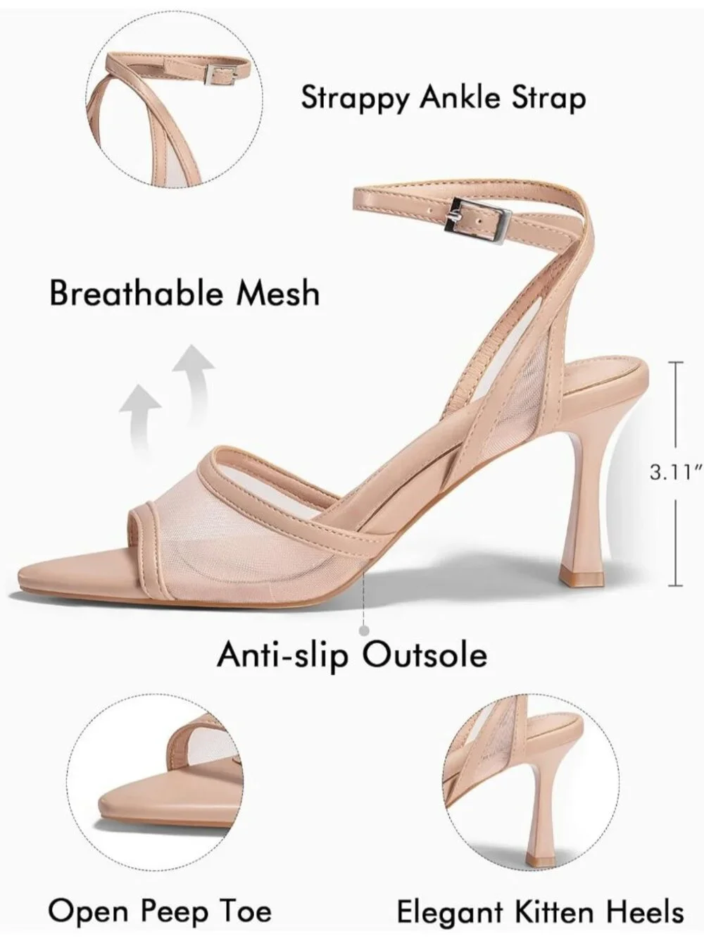 Women's Mesh Light Pink Summer Pointed Open Toe Ankle Buckle Strap Heeled Sandal